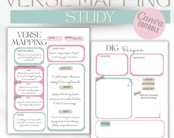 Verse Mapping Bible Study Template, Turquoise & Pink (Canva, GoodNotes PDF)