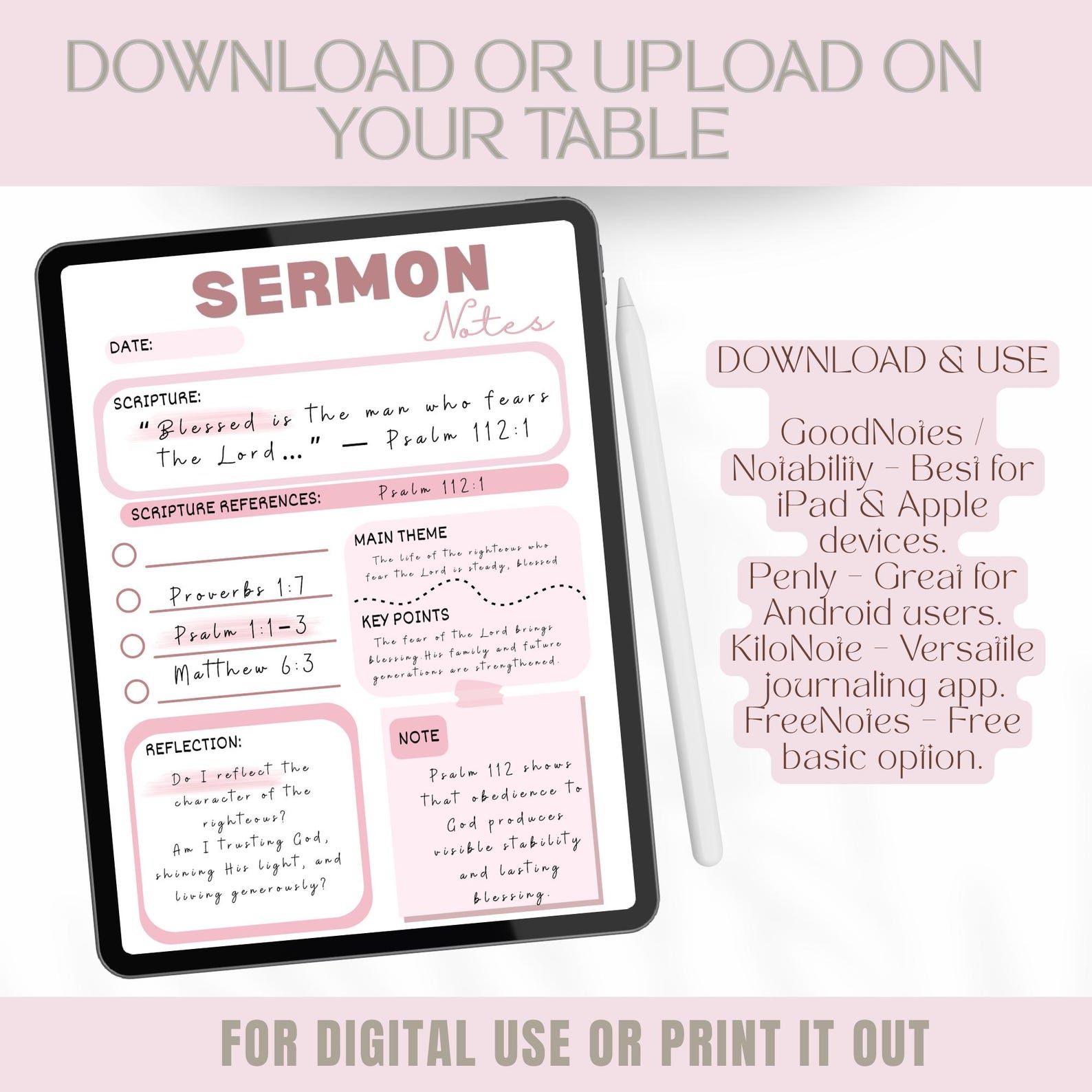 Printable Sermon Notes Template – Bible Study Note-taking Worksheet for ...