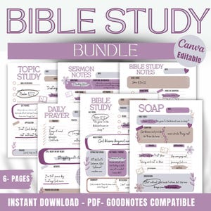 May include: A Bible study bundle with six pages, featuring templates for topic study, sermon notes, daily prayer, and SOAP notes. The pages have a purple and white color scheme, with floral accents and the text "Bible Study" at the top.
