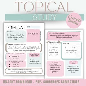 May include: A digital topical study template with a soft color palette. The design includes sections for study focus, biblical definitions, key themes, notes, and reflections. The text includes the phrase "Canva Editable" and "Instant Download - PDF - Goodnotes Compatible".
