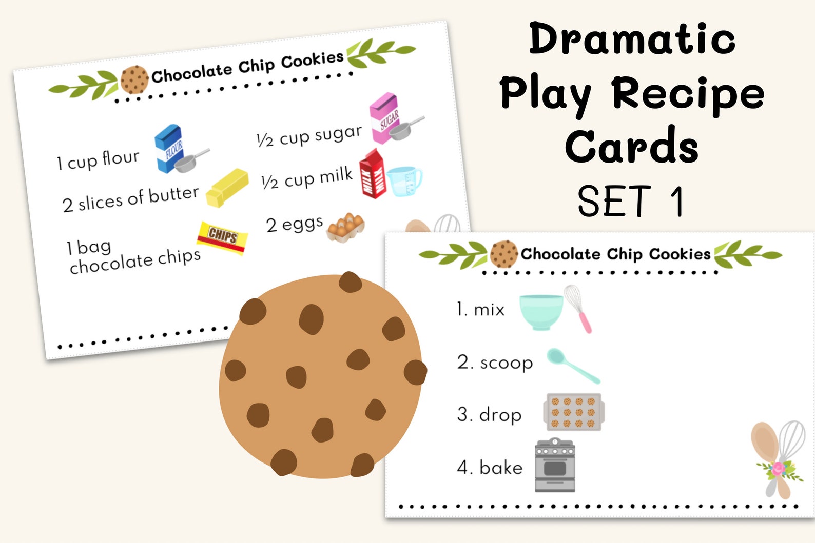 SET 1 PRINTABLE 20 Dramatic Play Recipe Cards for Kids Play Pretend