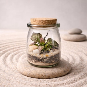 Puede incluir: Un pequeño terrario de vidrio con tapa de corcho, que contiene una planta en miniatura con hojas verdes y rosas, pequeñas piedras blancas y tierra. El terrario se encuentra sobre una piedra lisa y redonda, con otras dos piedras en el fondo.