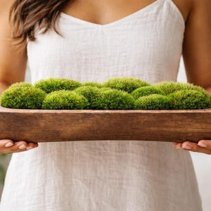 Puede incluir: Una jardinera rectangular de madera llena de musgo verde vibrante. La jardinera es sostenida por una persona que lleva un vestido blanco. El musgo es de un verde brillante y texturizado, que contrasta con la madera marrón oscura. La estética general es natural y orgánica.