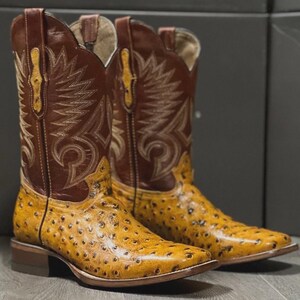 Men's Brown Ostrich Quill Leather Western Rodeo Exotic Cowboy S quare, Cowboy boot, cowboy boots for men, cowboy boots for women,
