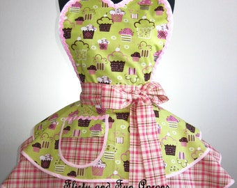 Last One Pink Plaid and Lime Green Cupcake Apron