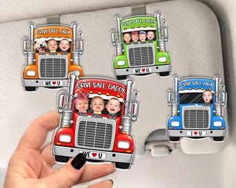 Custom Trucker Kids Photo Car Visor Clip, Drive Safe Daddy Visor Clip, Father's Day Gift For Dad, Gift for Husband