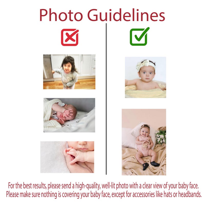 Puede incluir: Un gr&aacute;fico informativo titulado Photo Guidelines que muestra un icono de X roja sobre tres ejemplos de fotos de mala calidad y un icono de marca de verificaci&oacute;n verde sobre dos ejemplos de fotos de beb&eacute;s bien iluminadas, con texto en la parte inferior.