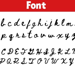 May include: A digital display showing the word Font in white text on a red background, followed by a complete alphabet in black cursive script. The lowercase letters are arranged in two rows, and the uppercase letters are in two rows below.