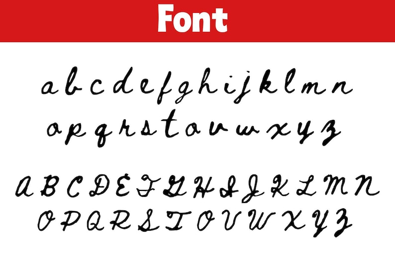 May include: A digital display showing the word Font in white text on a red background, followed by a complete alphabet in black cursive script. The lowercase letters are arranged in two rows, and the uppercase letters are in two rows below.