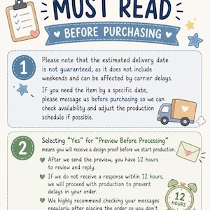 May include: An informational graphic titled MUST READ BEFORE PURCHASING with two numbered sections. Section 1 explains delivery dates and carrier delays. Section 2 details the Preview Before Processing policy, requiring a response within 12 hours.