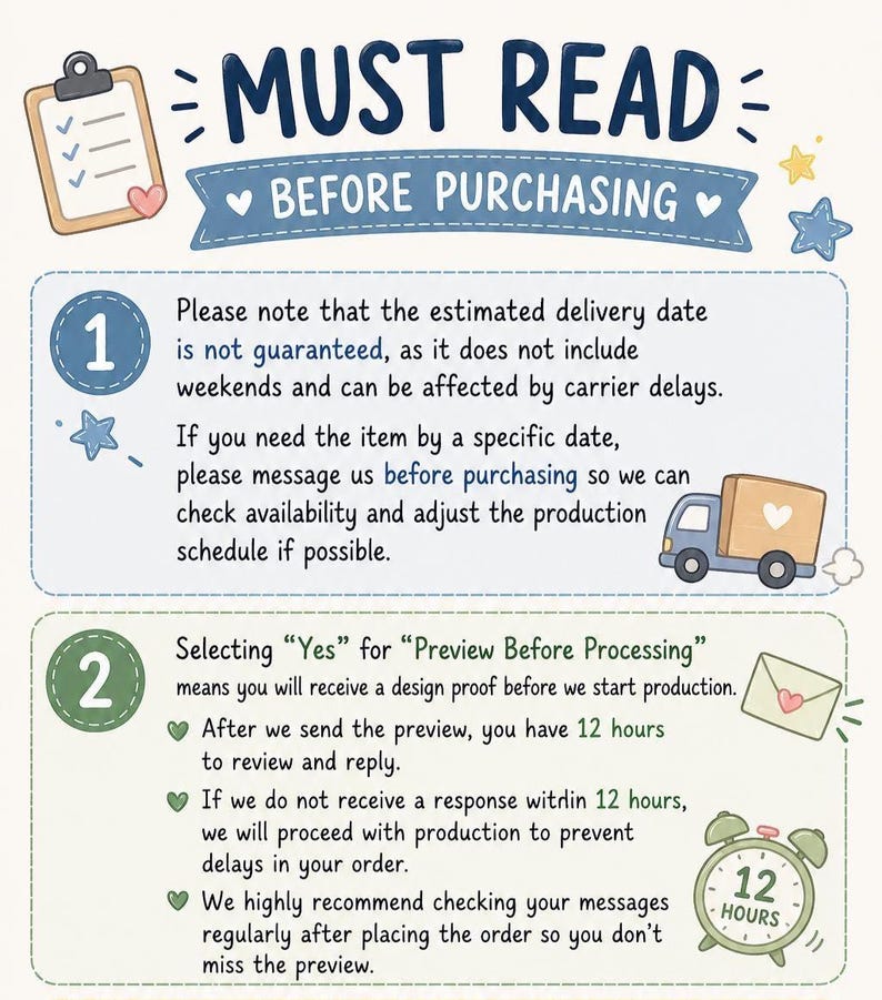 May include: An informational graphic titled MUST READ BEFORE PURCHASING with two numbered sections. Section 1 explains delivery dates and carrier delays. Section 2 details the Preview Before Processing policy, requiring a response within 12 hours.