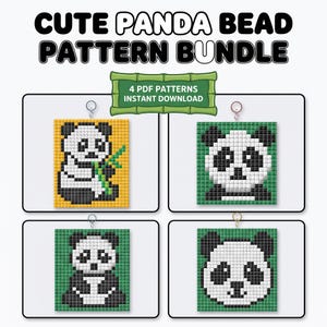 May include: A digital bundle of four panda bead patterns featuring grid-based designs with numbered squares. The text reads CUTE PANDA BEAD PATTERN BUNDLE and 4 PDF PATTERNS INSTANT DOWNLOAD. Each pattern displays a panda in black, white, and green.