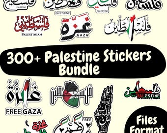Puede incluir: Una colección de pegatinas con temática palestina en varios diseños, con caligrafía árabe y la bandera palestina. Las pegatinas incluyen las palabras "Palestina", "Gaza" y "Palestino". La imagen también incluye el texto "300+ Palestine Stickers Bundle" y "Files Format PNG".