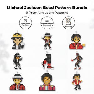 May include: A digital bundle of 9 Michael Jackson bead loom patterns featuring pixel art designs of the performer in various outfits and poses, including jackets, hats, and dance stances, with text labels for best seller, download, and bead tracking.