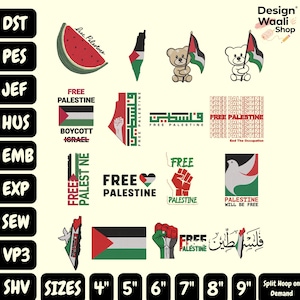 Puede incluir: Colección de diseños de bordado con temas palestinos. Los diseños incluyen una rodaja de sandía, un contorno de mapa, osos de peluche con banderas y texto que dice "Free Palestine". Tamaños de 10.16 cm a 22.86 cm.