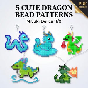 Peut inclure: Un ensemble PDF numérique comprenant 5 modèles de perles dragon pour Miyuki Delica 11/0. L'image présente cinq motifs de dragons distincts en style pixel-art de différentes couleurs, dont bleu, vert et jaune, chacun avec un petit anneau en métal.