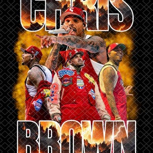 May include: A graphic featuring the name "CHRIS BROWN" in white block letters with a fiery background. The image showcases multiple images of Chris Brown in red and white outfits, with a black diamond pattern background.