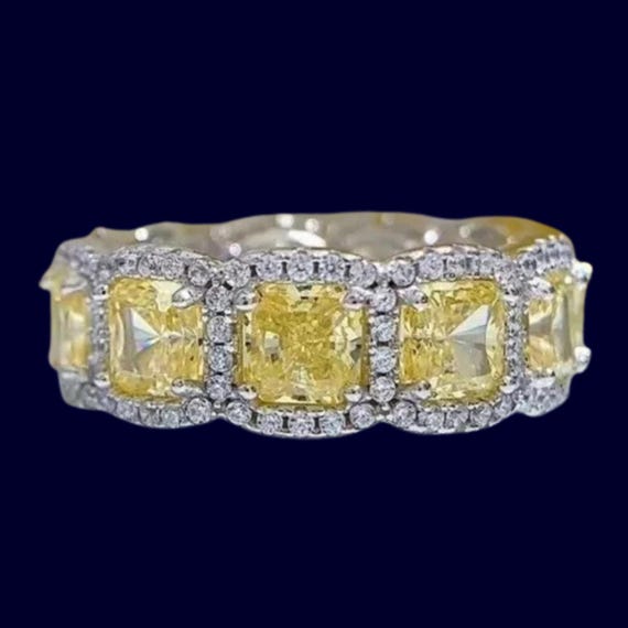 Yellow Cushion White Round Halo Eternity Band