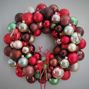 Christmas Wreath WOODLAND CHRISTMAS Red Brown, Mocha, Green & Champagne Ornament Wreath with REINDEER Ornament image 1