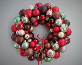 Christmas Wreath WOODLAND CHRISTMAS Red Brown, Mocha, Green & Champagne Ornament Wreath with REINDEER Ornament