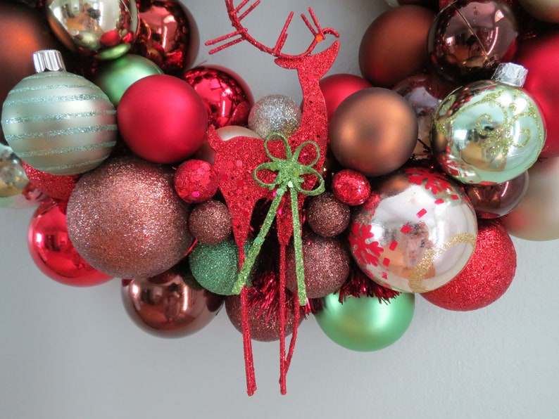 Christmas Wreath WOODLAND CHRISTMAS Red Brown, Mocha, Green & Champagne Ornament Wreath with REINDEER Ornament image 6