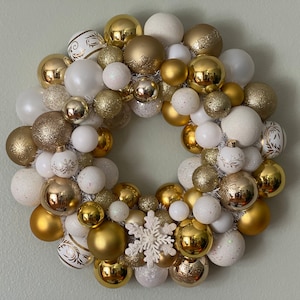 Christmas Wreath Ornament Wreath WHITE and GOLD  Shatterproof with snowflake