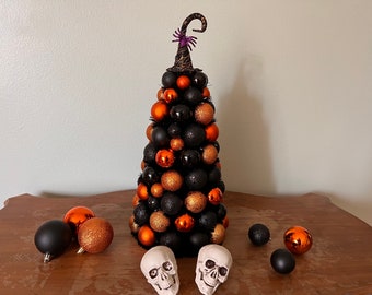 Halloween Centerpiece TABLE TOP TREE 15”  Black Orange   Ornament Tree with Witch Hat & spider on Top