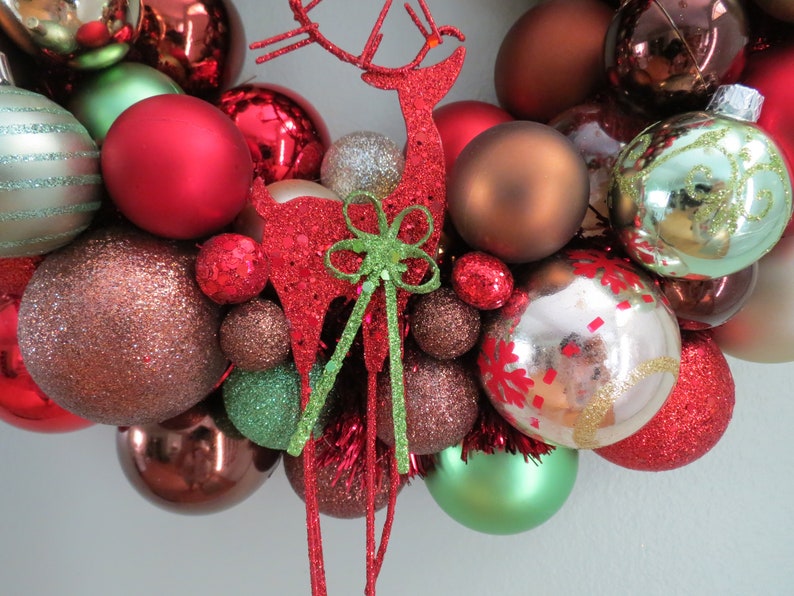 Christmas Wreath WOODLAND CHRISTMAS Red Brown, Mocha, Green & Champagne Ornament Wreath with REINDEER Ornament image 2