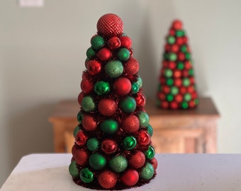 Christmas Tree Centerpiece TABLE TOP Tree 14" Shatterproof Red Green Christmas Decor