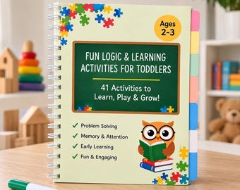 May include: A spiral-bound activity book with a light yellow cover featuring a green chalkboard graphic, the text "FUN LOGIC & LEARNING ACTIVITIES FOR TODDLERS", an owl illustration, colorful puzzle piece accents, and multi-colored side tabs.