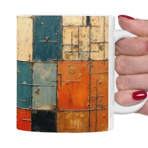 Mid Century Modern Mug 11oz, Geometric Abstract Coffee Mug, Retro Patchwork Ceramic Cup, Modern Art Mug, MCM Gift