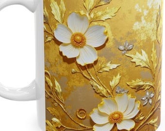 Daisy Coffee Mug, White Ceramic 11oz Cup, Gold Floral Design