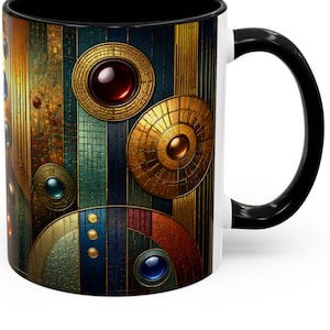 Abstract Geometric Orbs Mug, Colorful Steampunk Circles Coffee Mug, Modern Art Mug, Contemporary Ceramic Mug, Unique Gift for Art Lovers