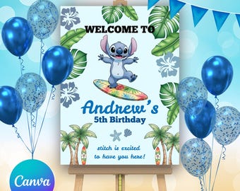 Stitch Birthday Welcome Sign Template: Editable Kids Party Decor (Digital Download, Printable 16x20, 24x36")