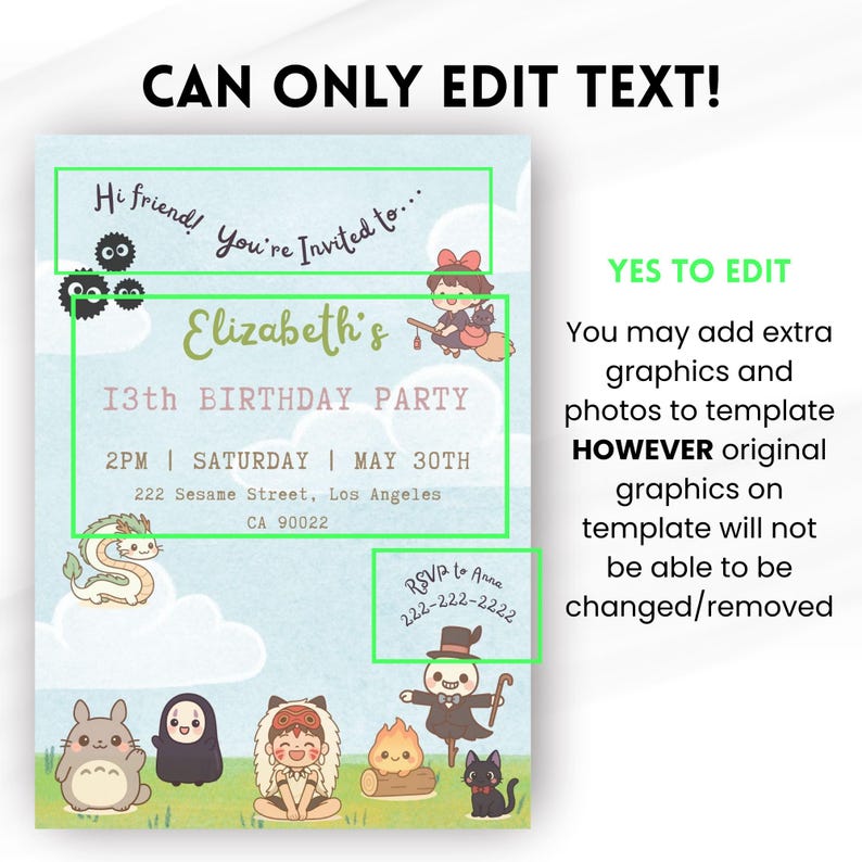 Ghibli and Friends Digital Birthday Invitation | Edit on Canva | Downloadable image 5