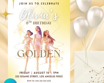 KPop Birthday Invitation | Golden Theme, Anime Style (Digital Download)