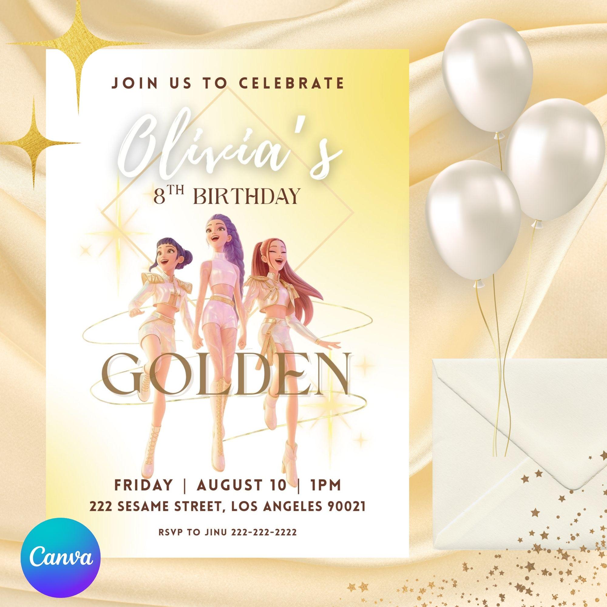 K-POP タレントカード Invitation Kpop Birthday Invitation | Golden Theme, Anime Style (digital