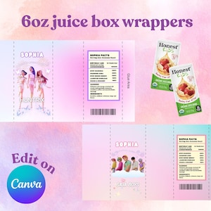 Peut inclure: Des emballages de boîtes de jus avec un fond dégradé rose et violet. Les emballages présentent le texte "6oz juice box wrappers", "SOPHIA" et "HUNTRIX". Il y a aussi deux boîtes de jus "Honest Kids". Les emballages sont conçus pour être modifiés sur Canva.
