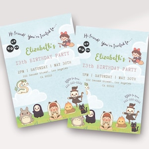 May include: Two light blue birthday party invitations with cartoon illustrations. The invitations read "Hi friend! You're Invited to... Elizabeth's 13th BIRTHDAY PARTY" with event details. The invitations feature characters from a popular animated film.