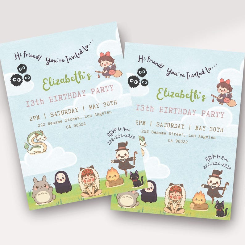 May include: Two light blue birthday party invitations with cartoon illustrations. The invitations read "Hi friend! You're Invited to... Elizabeth's 13th BIRTHDAY PARTY" with event details. The invitations feature characters from a popular animated film.