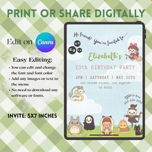 May include: Digital invitation for a 13th birthday party, featuring a light blue background with cartoon characters. The invitation includes the text "Elizabeth's 13th Birthday Party" and event details. The invite is 5x7 inches.
