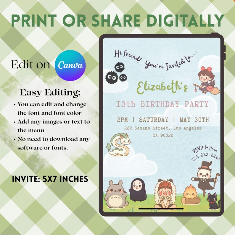 May include: Digital invitation for a 13th birthday party, featuring a light blue background with cartoon characters. The invitation includes the text "Elizabeth's 13th Birthday Party" and event details. The invite is 5x7 inches.