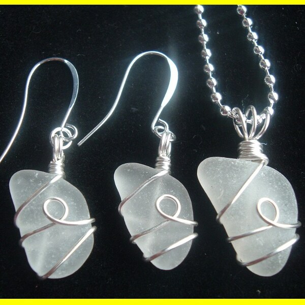 Sale - Seaglass Earring and Pendant Set - Chain included - Elegant - Beautiful Wire work - Real Sea Glass