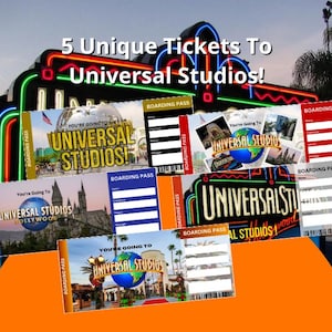 May include: Five Universal Studios tickets are displayed, each with a unique design. The tickets feature the Universal Studios logo, various park attractions, and the text "You're Going To Universal Studios!" The background includes a neon sign and a blurred outdoor scene.