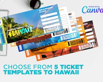 Boletos de regalo para un viaje sorpresa a Hawái: Tarjeta de embarque editable (Plantilla de Canva de descarga instantánea)