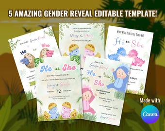 Dinosaur Gender Reveal Invitation Card – Editable Printable Baby Shower Invite (Instant Download)