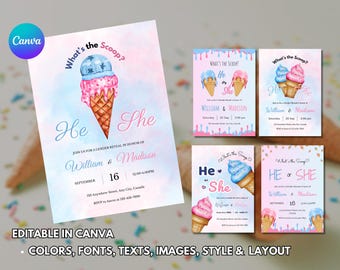 Ice Cream Scoop Gender Reveal Invitation Card – Editable Printable Baby Shower Invite (Instant Download)