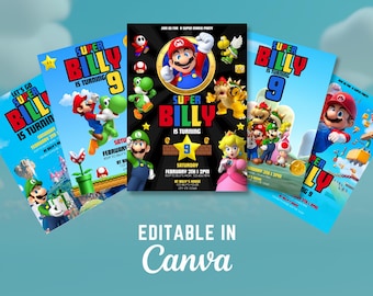 Mario Birthday Invitations: Editable Canva Template, Kids Party
