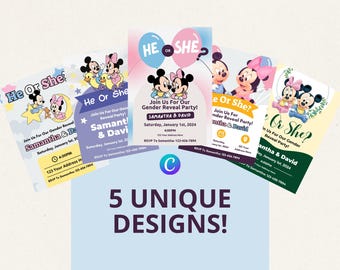 Mickey & Minnie Gender Reveal Invitations: Editable Canva Template (Digital Download, Set of 5)