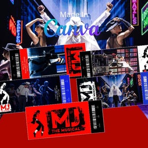 Könnte beinhalten: Werbebild für "MJ The Musical" mit roten und schwarzen Tickets. Die Tickets befinden sich vor einer Bühne mit Darstellern. Der Text "MJ The Musical" ist auf den Tickets sichtbar, mit einem Hintergrund aus Neonzeichen.